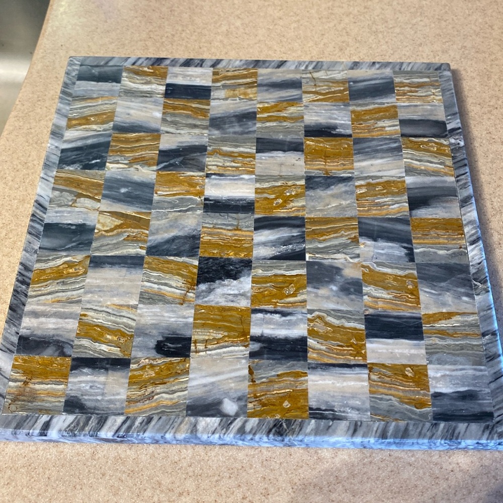 Vintage MCM cutting board checker/chess marble board. Grey/brown.12 x 12